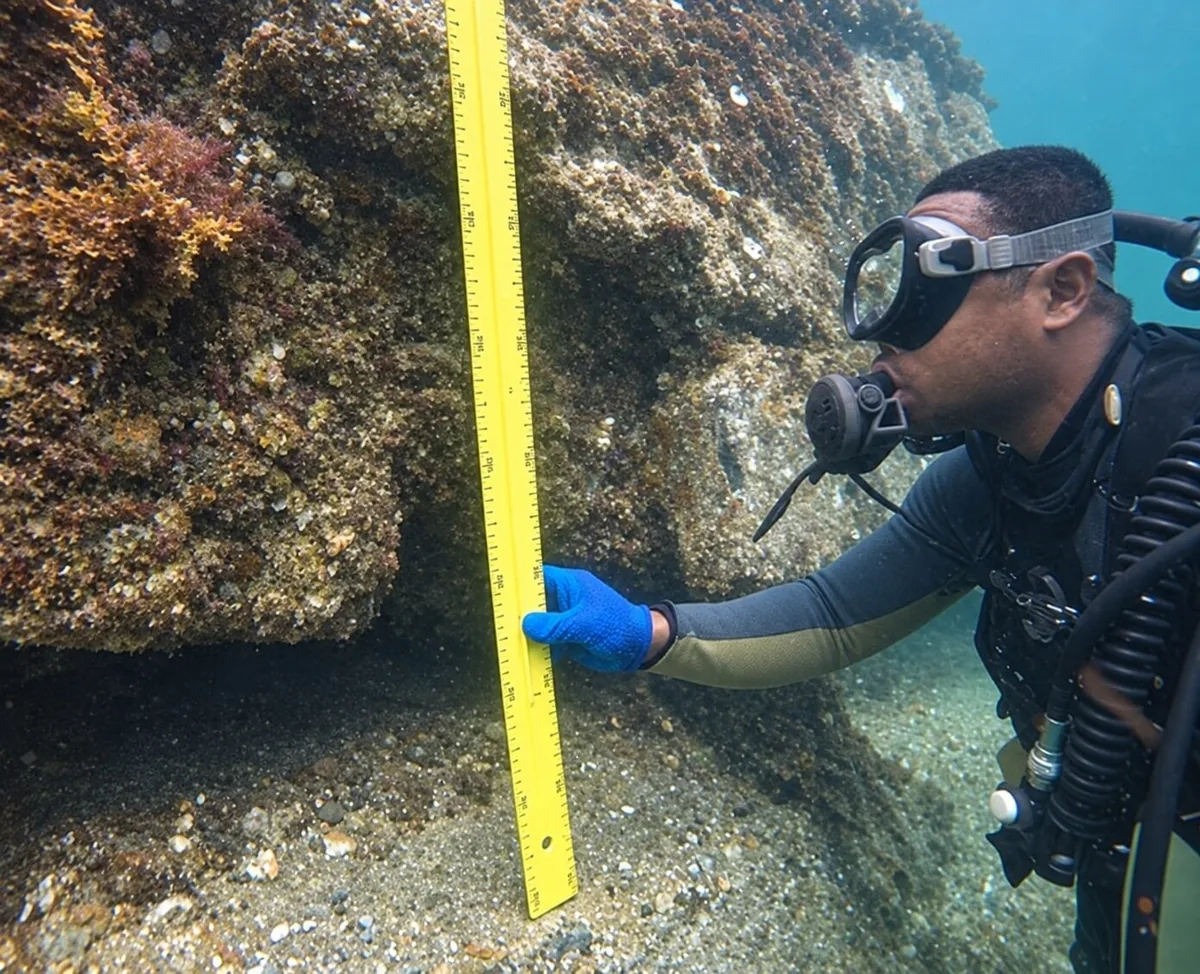 Scaphandrier SETCO relevant les dimensions d'un ouvrage immergé